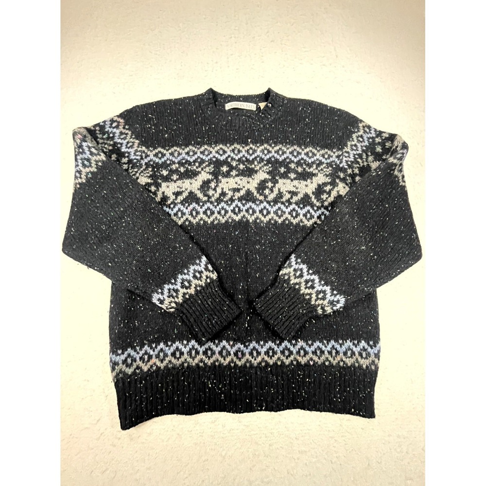 VTG Northern Isles Sweater Mens Large Black Reindeer Fair Isle Wool Tight Knit